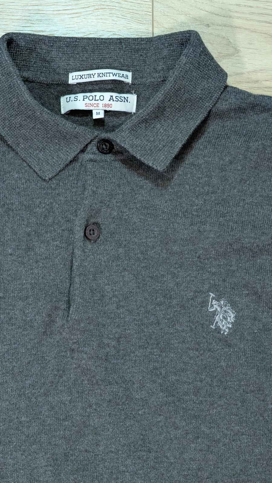 U.S Polo Assn Men's Knit Long Sleeved Polo T Shirt - Grey - Size Medium