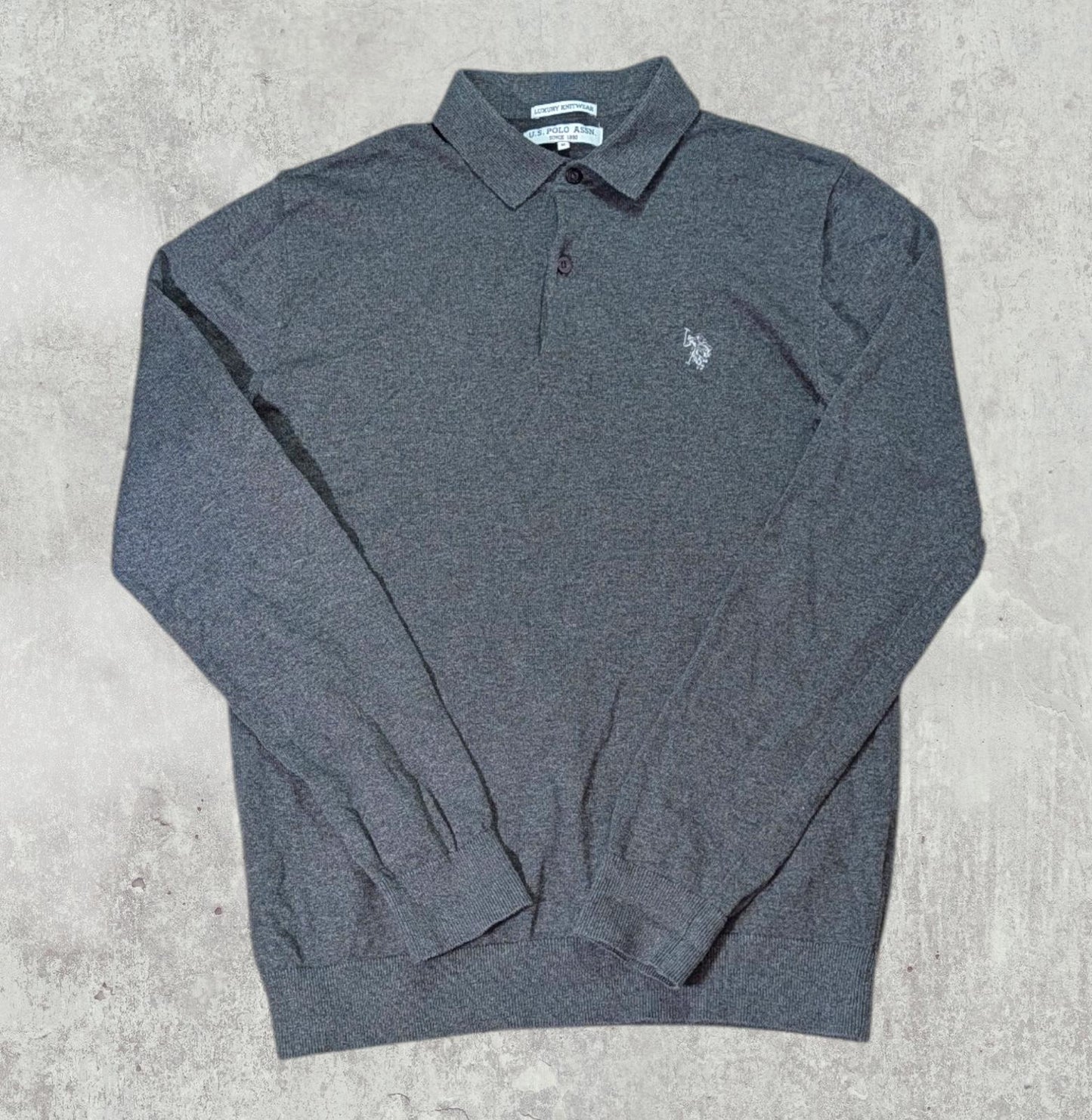 U.S Polo Assn Men's Knit Long Sleeved Polo T Shirt - Grey - Size Medium