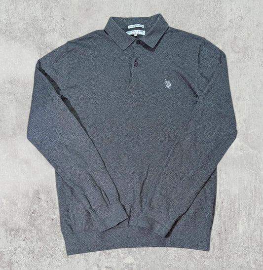 U.S Polo Assn Men's Knit Long Sleeved Polo T Shirt - Grey - Size Medium
